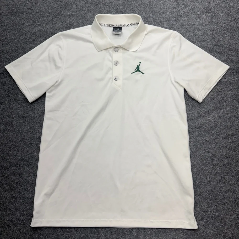 Jordan Mens Dri-FIT Polo Shirt White Green Jumpman Logo Small Elephant Print